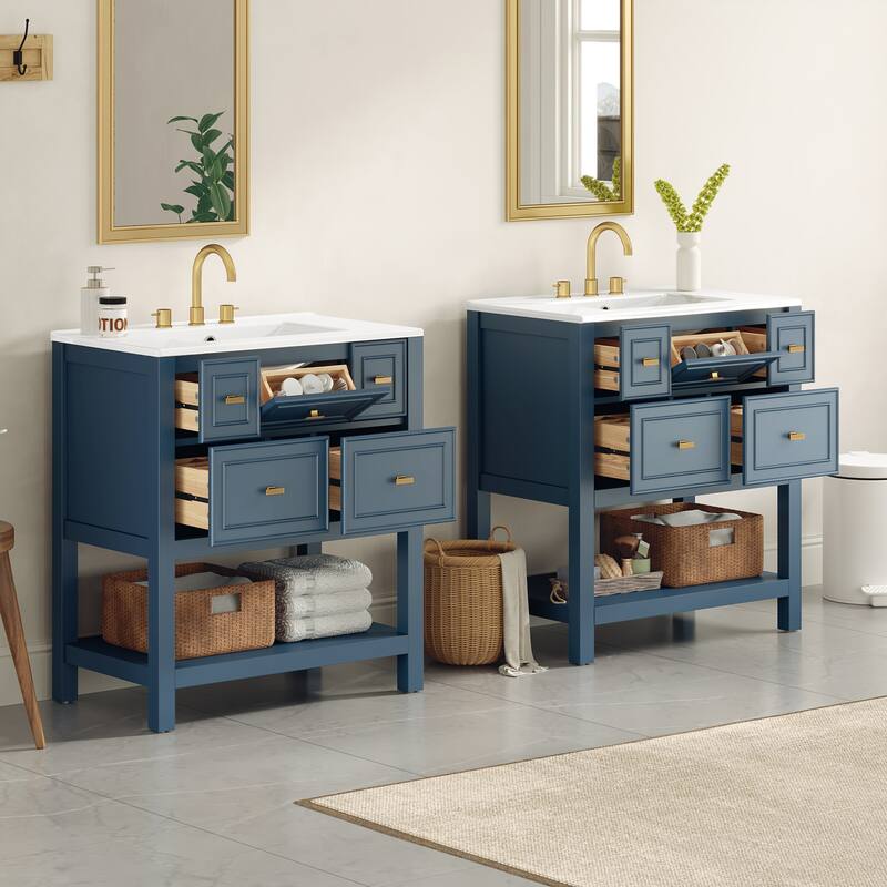 2-Piece Bathroom Vanity Set, 60" Bathroom Vanity Set with Ceramic Sink (Separate), Solid Wood Frame Bathroom Storage Cabinet