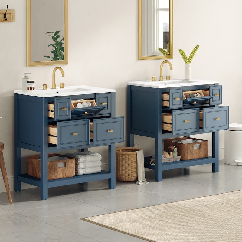 60'' Bathroom Vanity With Ceramic Sink Combo, Free Standing Single Vanity Set With 5 Drawers,Solid Wood FrameStorage Cabinet