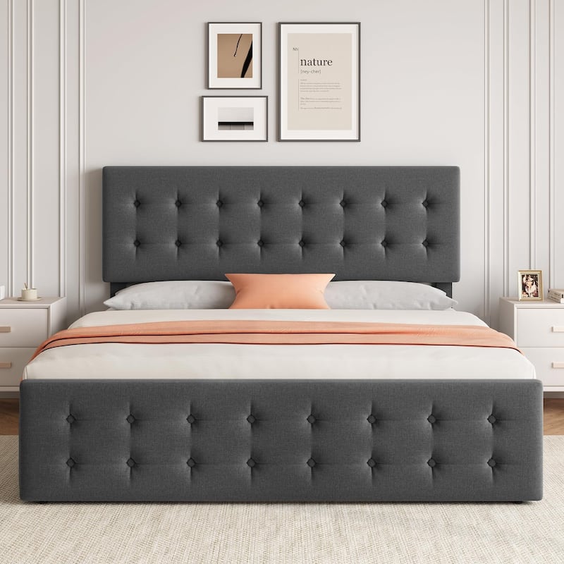 Bed Frame with 4 Storage Drawers and Headboard - Dark Grey_King - King
