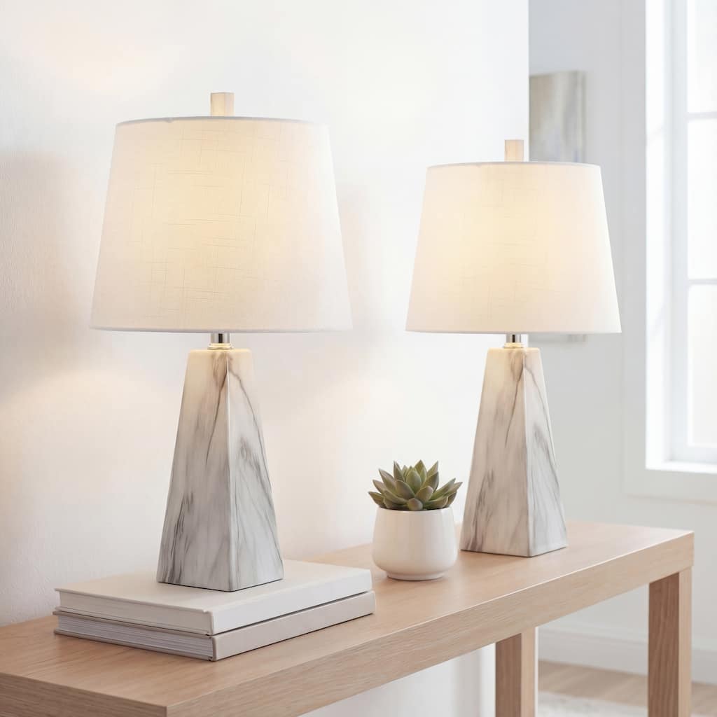 Stewart 20.5" Contemporary Resin LED Table Lamp, White Marble Finish (Set of 2), by JONATHAN Y