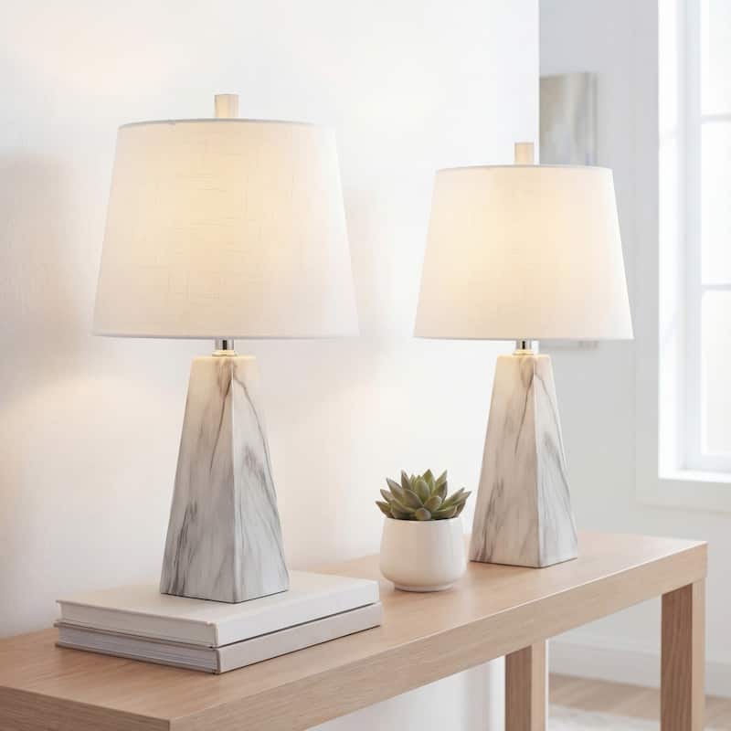Stewart 20.5" Contemporary Resin LED Table Lamp, White Marble Finish (Set of 2), by JONATHAN Y - White Marble Finish