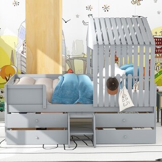 Full Size House Low Loft Bed with 4 Drawers & Stairs & Guardrail, Grey