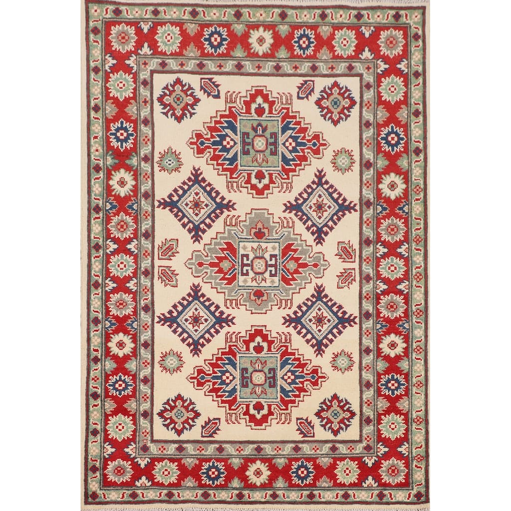 Ivory / Beige Geometric Kazak Oriental Accent Rug Handmade Wool Carpet - 3'6" x 5'1"