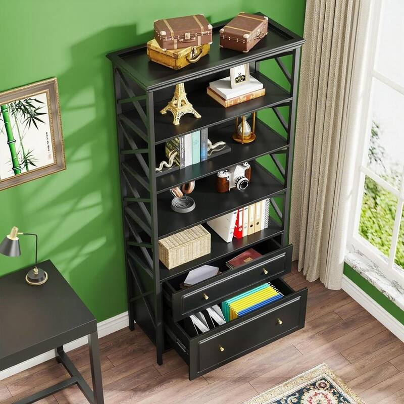 5 Tier Black Bookshelf with 2 Drawers and File Storage Industrial Shelving Unit for Home Office Living Room