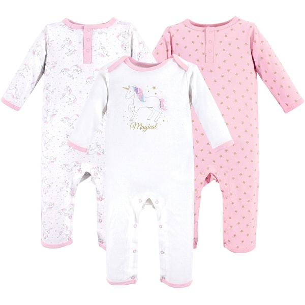 slide 1 of 1, Hudson Baby Infant Girl Cotton Coveralls 3pk, Magical Unicorn 0 - 3 Months - Pink