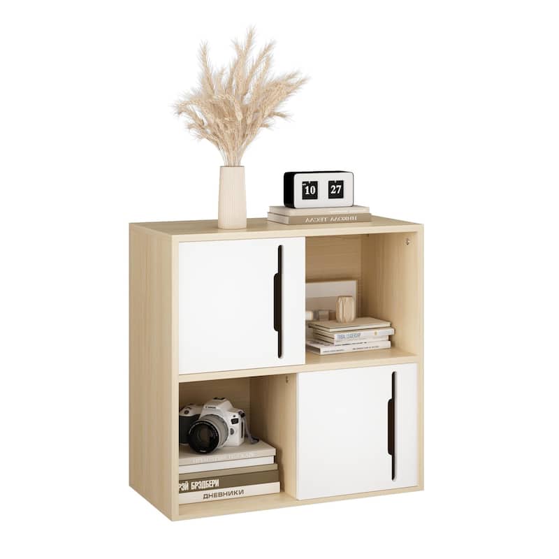 Light Wood 4 Cube Storage Organizer with Cabinet Doors