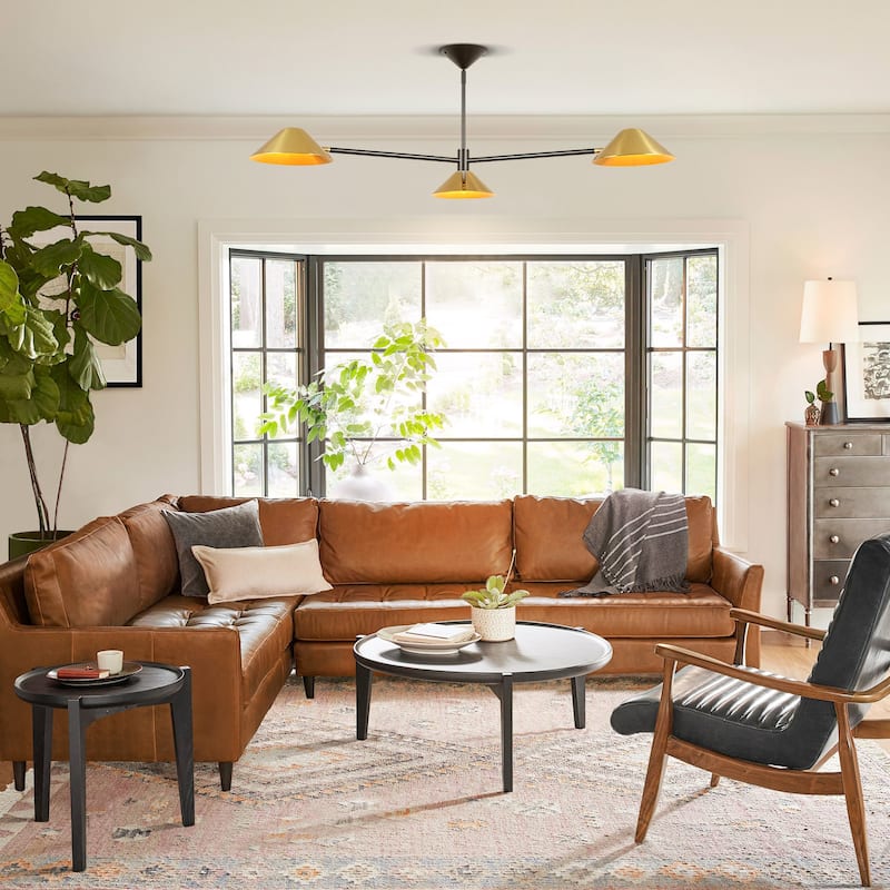 53.93" W 3-Light Modern Black & Brass Linear Sputnik Cone Semi-Flush Mount Ceiling Light - 53.94" W × 16.93" H