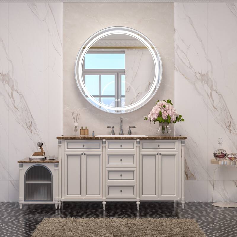 KEONJINN Round LED Front Light Bathroom Vanity Wall Mirror 3 Colors, Anti-fog, Metal Frame