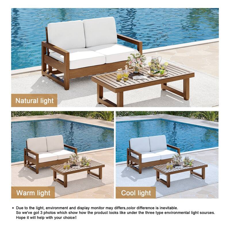 Teak Loveseat Patio Set with Cushions and Table (2-Piece)