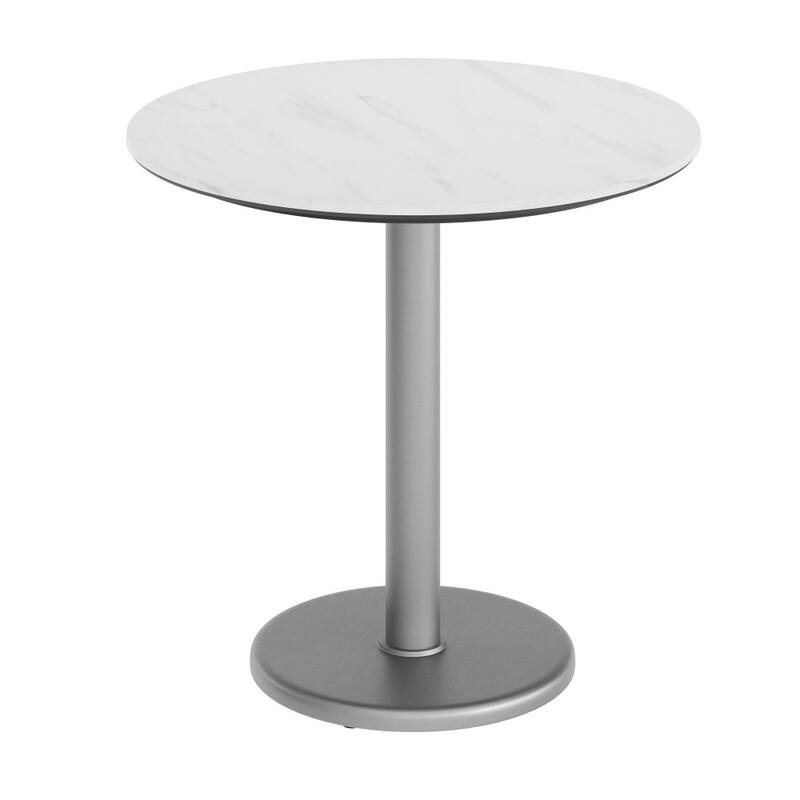 Commercial All-Weather HPL Tabletop with Round Base - White Faux Marble/Silver Base - 31.25"W x 31.25"D x 29.5"H