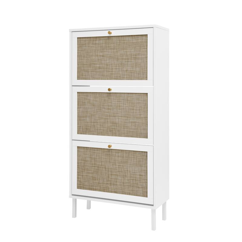 Shoe Storage Cabinet with 3 Flip Drawers, Freestanding 3-Tier Shoe Rack, Slim Shoe Organizer with Half Round Woven Rattan Doors