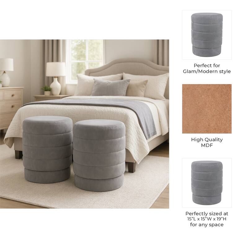 Round Upholstered Ottoman - Compact Pouf Footstool - 19", Grey