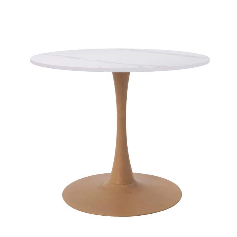 Bristol Modern 31" Round Sintered Stone Dining Table with Pedestal Base - Minimalist Scratch-Resistant Kitchen Table - Natural Wood