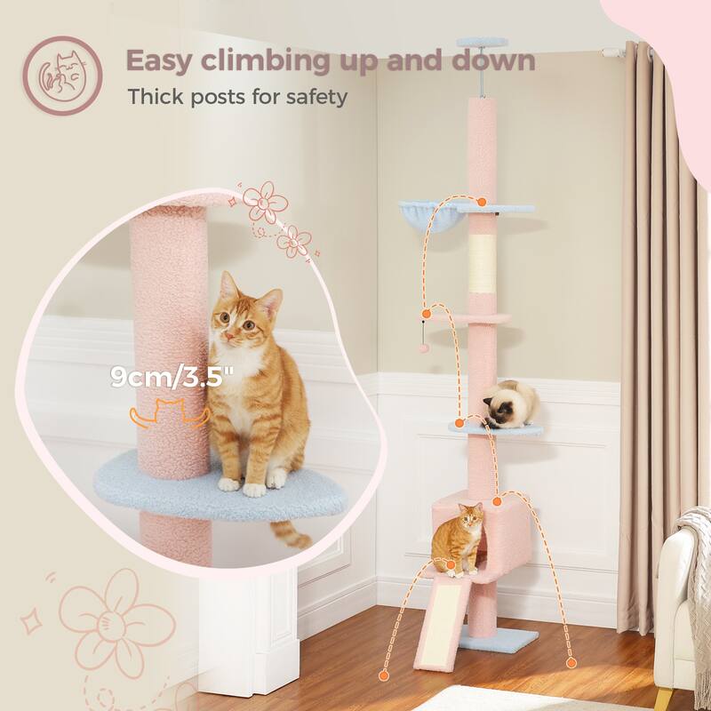 Adjustable Height Floor to Ceiling 5-Tier Tall Cat Tree Tower for Indoor Cats with Cat Condo, Cat Scratching Post and Cat Ladder