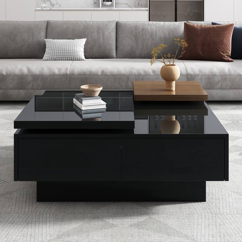 Black Modern Square Wood Coffee Table with Movable Top, High Gloss Finish, 4 Hidden Storage Drawers for Living Room