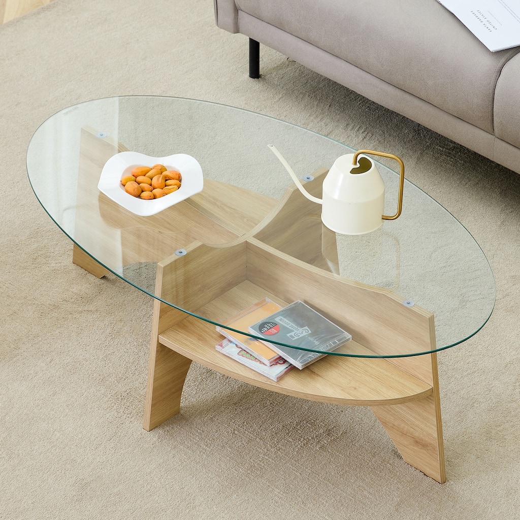 Roomfitters Oval Tempered Glass Coffee Table, Wood Fan-Shaped Pedestal, 41-Inch Transparent Center Table Set