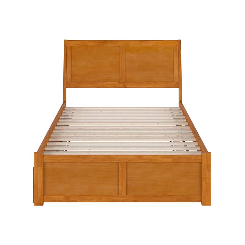 Solid Wood Platform Bed with Trundle - Full Size Bed Frame & Footboard - Light Toffee Finish