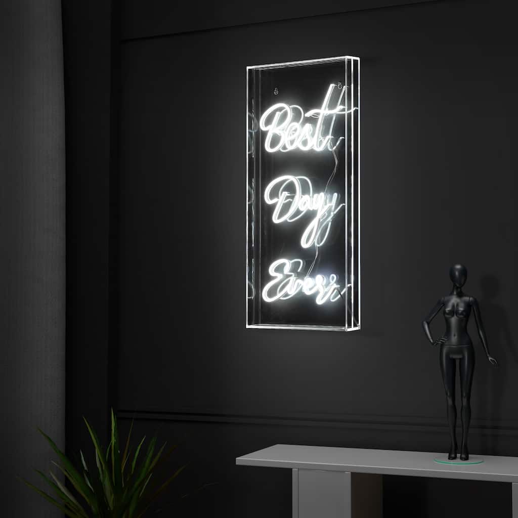 Best Day Ever 11.75" X 23.63" Contemporary Glam Acrylic Box USB Operated LED Neon Light, White by JONATHAN Y - 11.75" X 23.63"