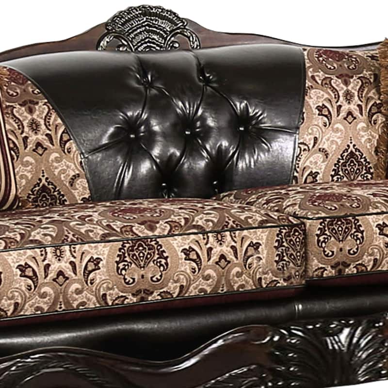 Traditional Wooden Sofa with Button Tufted Backrest, Red and Brown