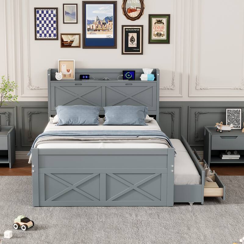 Extendable Bed with Trundle with Three Storage Drawers