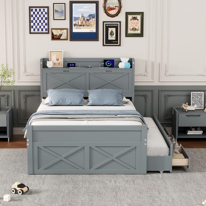 Full Size Wooden Bed with Storage Headboard, Extendable with Twin Trundle and Drawers, Gray