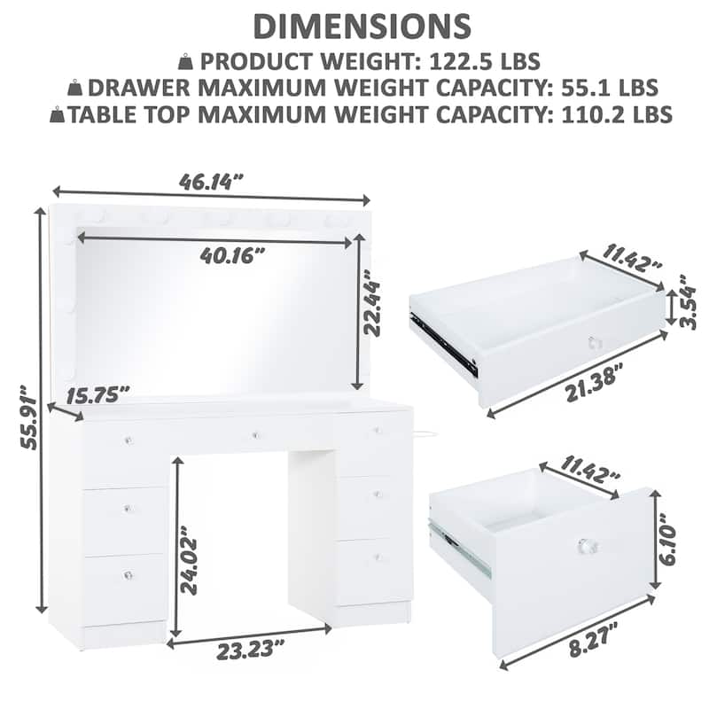 Makeup Vanity Table with 11 Lights, Power Outlet, 7 Drawers & Mirror