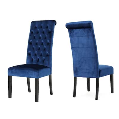 Marie Dining Chair Set of 2, Birch Wood, High Back Navy Blue Velvet