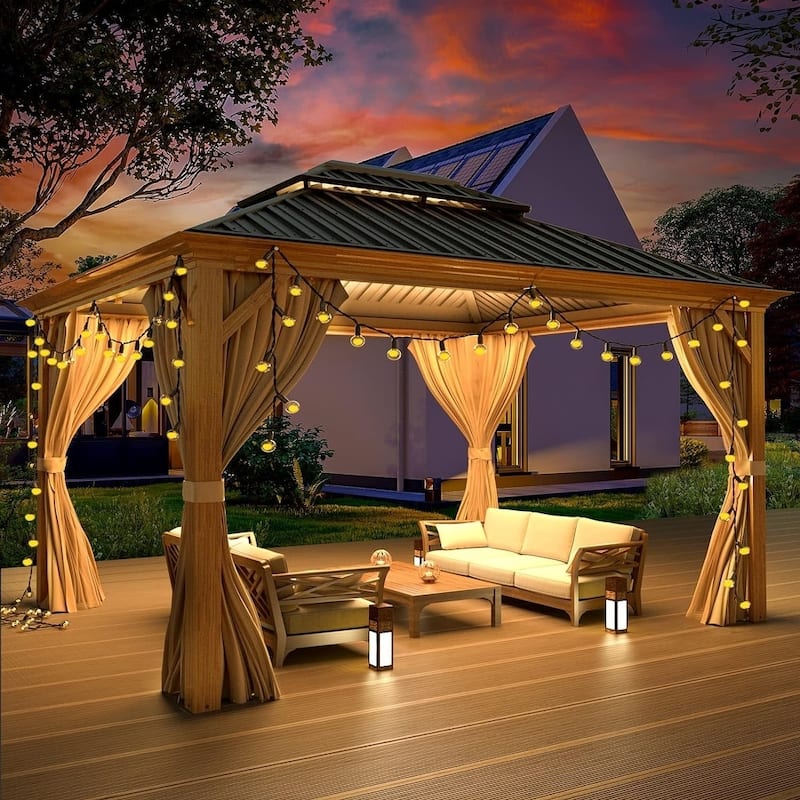 Erommy Hardtop Gazebo with Aluminum Frame and Double Roof, Permanent Outdoor Gazebo Includes Curtains&Netting for Patio Backyard