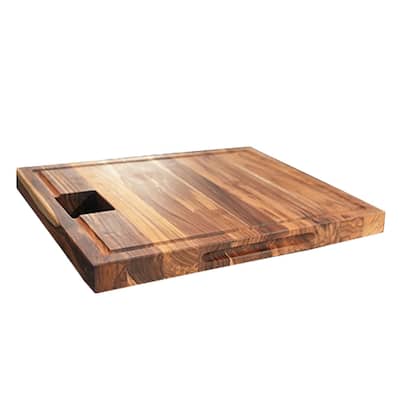 EcoDecors, Teak Edge Grain Cutting Board 17" x 18", Solid FSC Teak Butcher Block with Juice Groove, Waste Slot & Handles