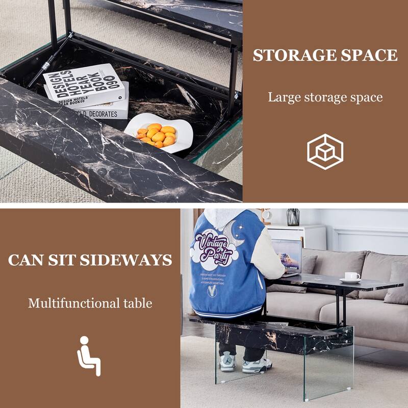 Roomfitters Lift Top Coffee Table with Glass Legs and Storage, Light Wood Grain Finish, Modern Living Room Style