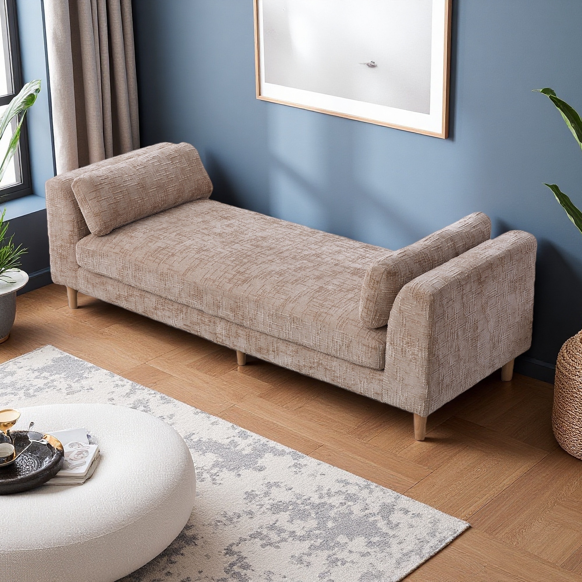 83"L Wide Chenille Upholstered Chaise Lounge with Armrests, 2 Bolster Pillows, Rubberwood Legs, End of Bed Bench for Living Room