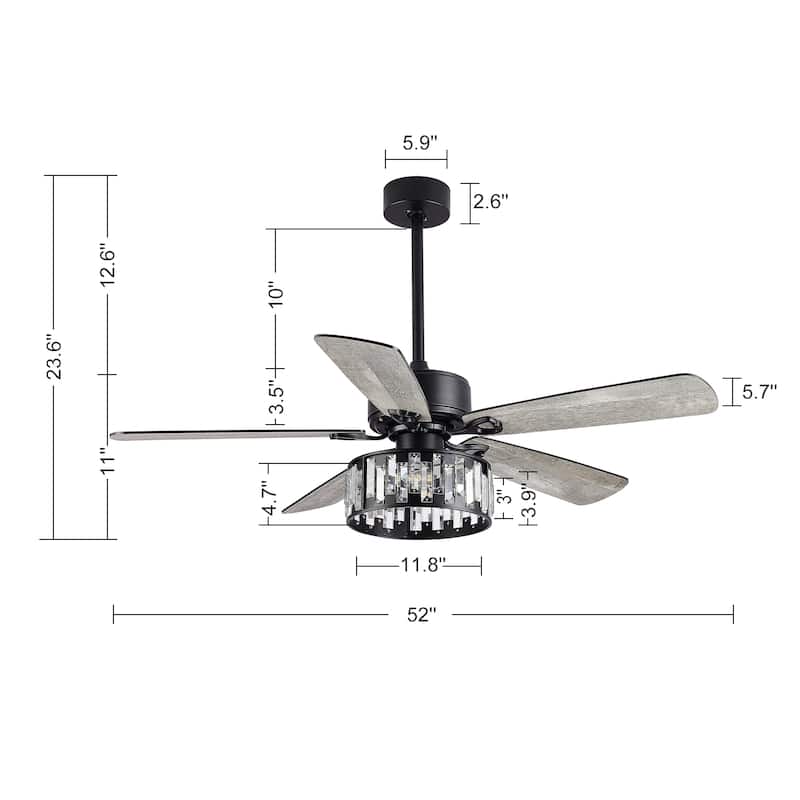 52 in. Indoor Black Ceiling Fan with Crystal Light Kit and Remote Control Included