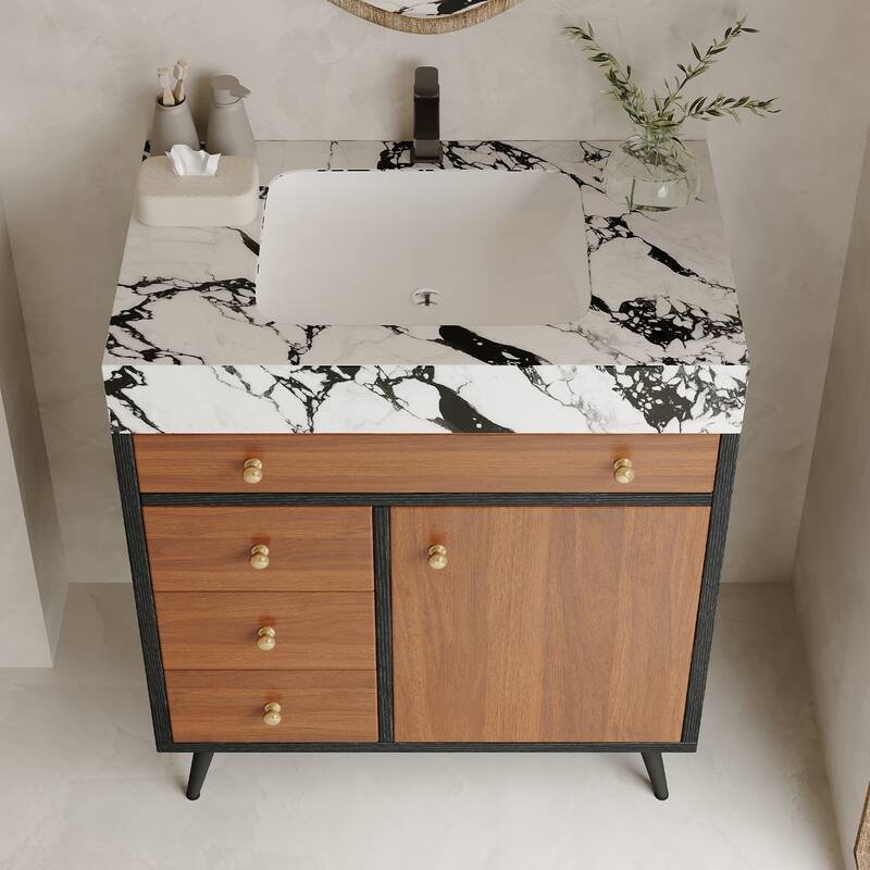 GDFStudio - Bristol Modern 29.9" Freestanding Bathroom Vanity with Sintered Stone Top, Ceramic Sink & Stainless Steel Legs