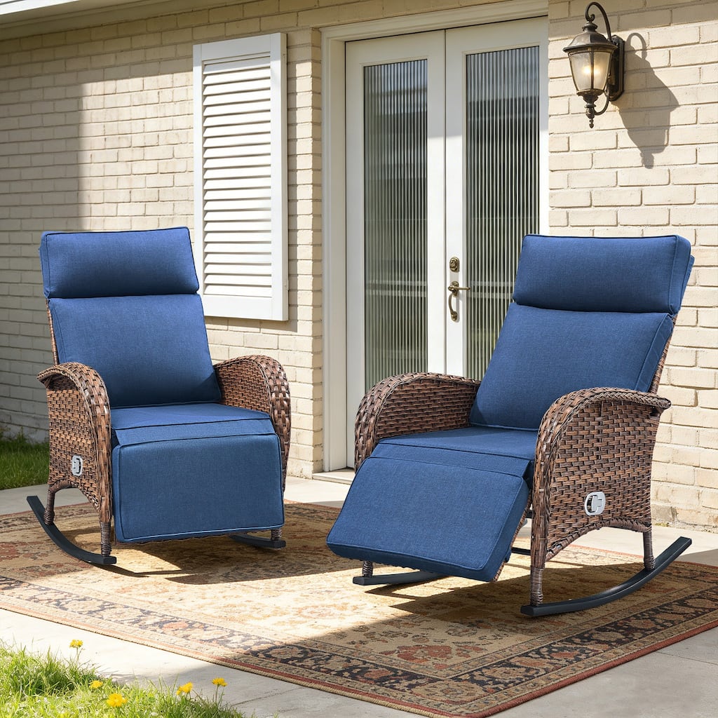 Meyreso Wicker Rocking Reclining Chaise Lounge with Adjustable Backrest & Footrest (2-Pack)