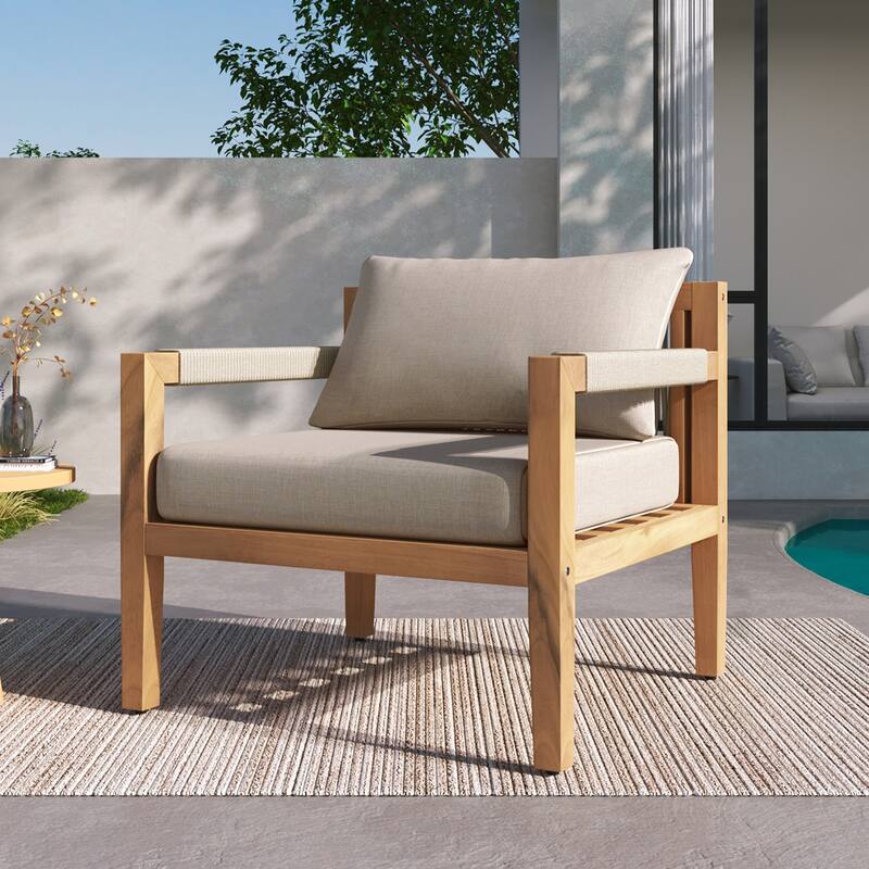 Roomfitters Outdoor Leisure Chair, Acacia Wood Frame with Beige Rope Weaving
