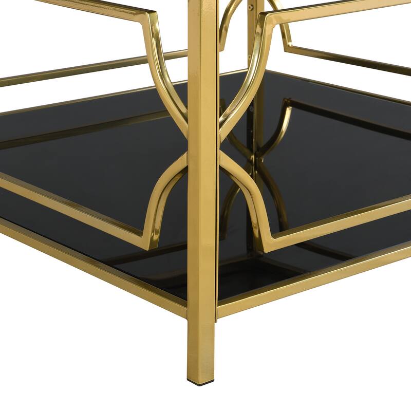 Luxe Square Glass Coffee Table with Geometric Gold Frame & Lower Display Shelf by Harper&Bright Designs