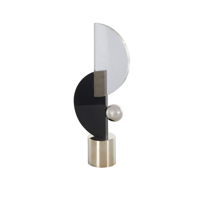 Black Glass Abstract Decorative Sculpture with Silver Orb and Base