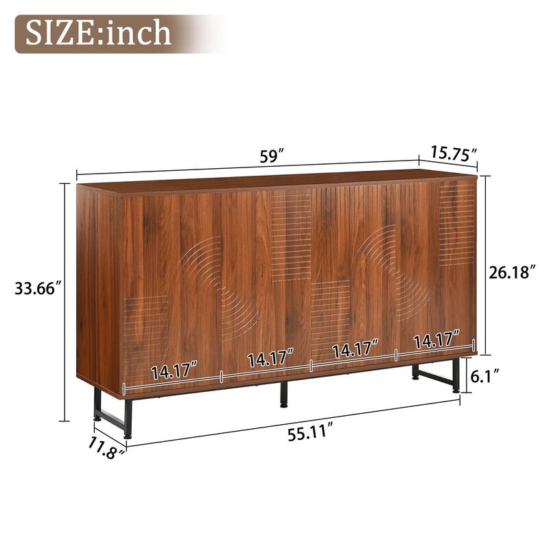 Sideboard Buffet Cabinet with Geometric Carved Doors, Storage Cabinet with Metal Legs, Multi-Functional Food Pantry Cabinet