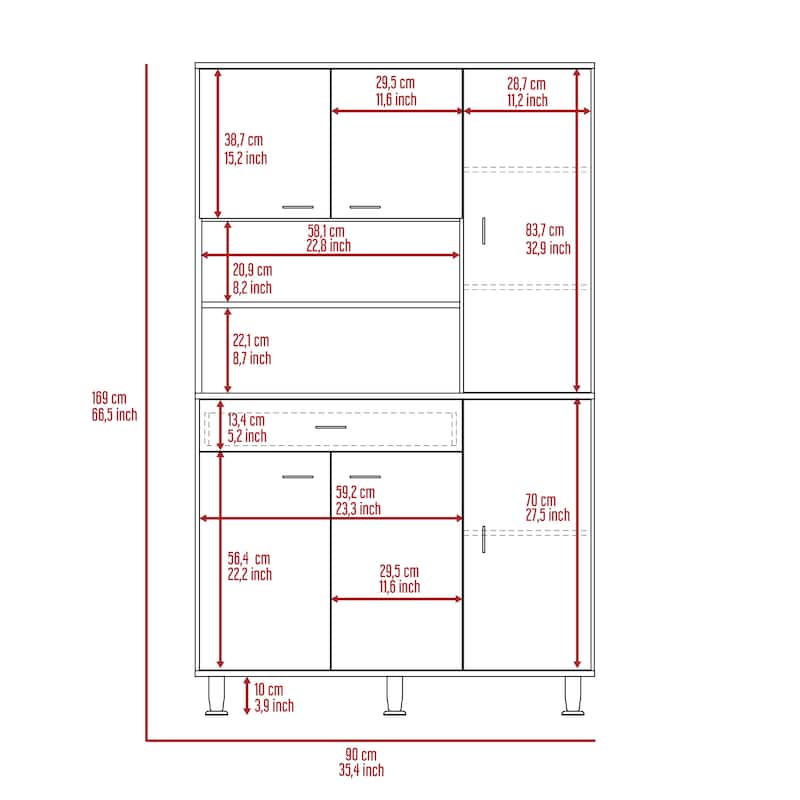 Della 90 Pantry Cabinet with 5 Legs, Drawer, 6 Doors, and Multiple Shelves - N/A