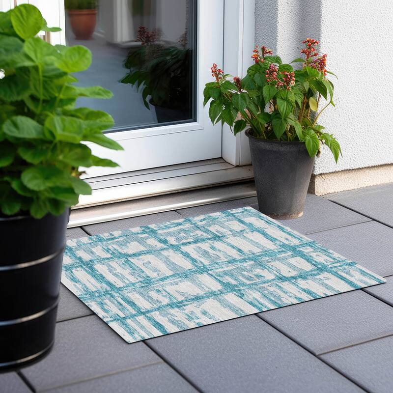 Machine Washable Indoor/ Outdoor Chantille Abstract Contemporary Rug - Teal - 1'8" x 2'6"