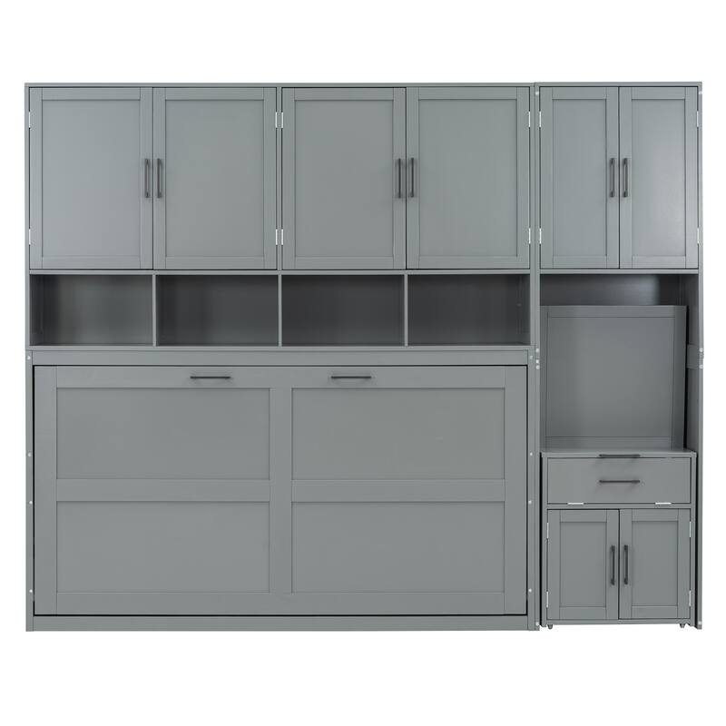 Twin Size Murphy Bed Wall Bed with Closet , Drawers & Desk-Gray