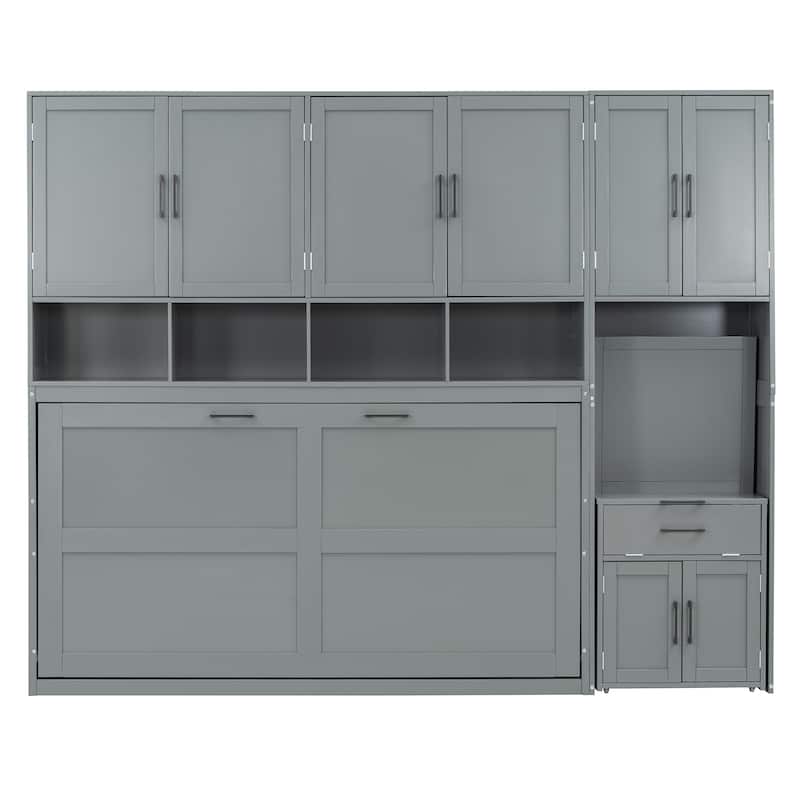 Twin Size Murphy Wall Bed with Closet, Drawers, and Desk, Space-Saving Storage Solution