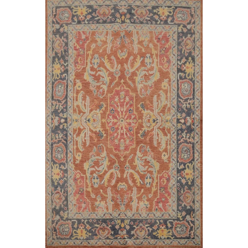 Hand Knotted Oriental 100% Wool Carpet Transitional Floral Oranges & Rust Oushak Area Rug - 6' 10'' X 5' 1''