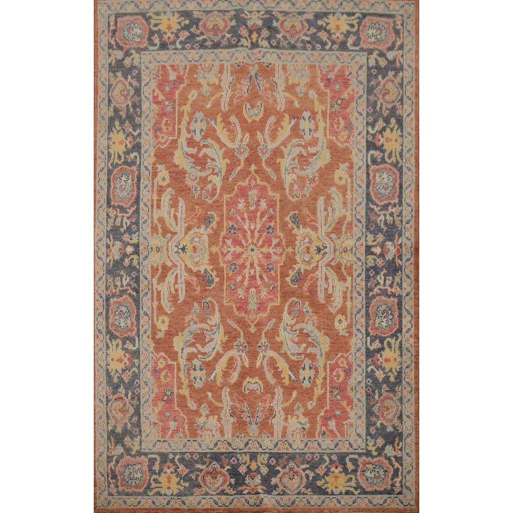 Hand Knotted Oriental 100% Wool Carpet Transitional Floral Oranges & Rust Oushak Area Rug - 6' 10'' X 5' 1''