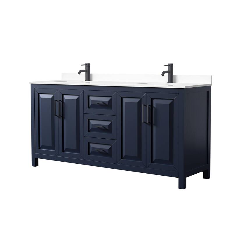 Wyndham Collection Daria 72" Free Standing Double Basin Vanity Set - Dark Blue / White Cultured Marble Top / Matte