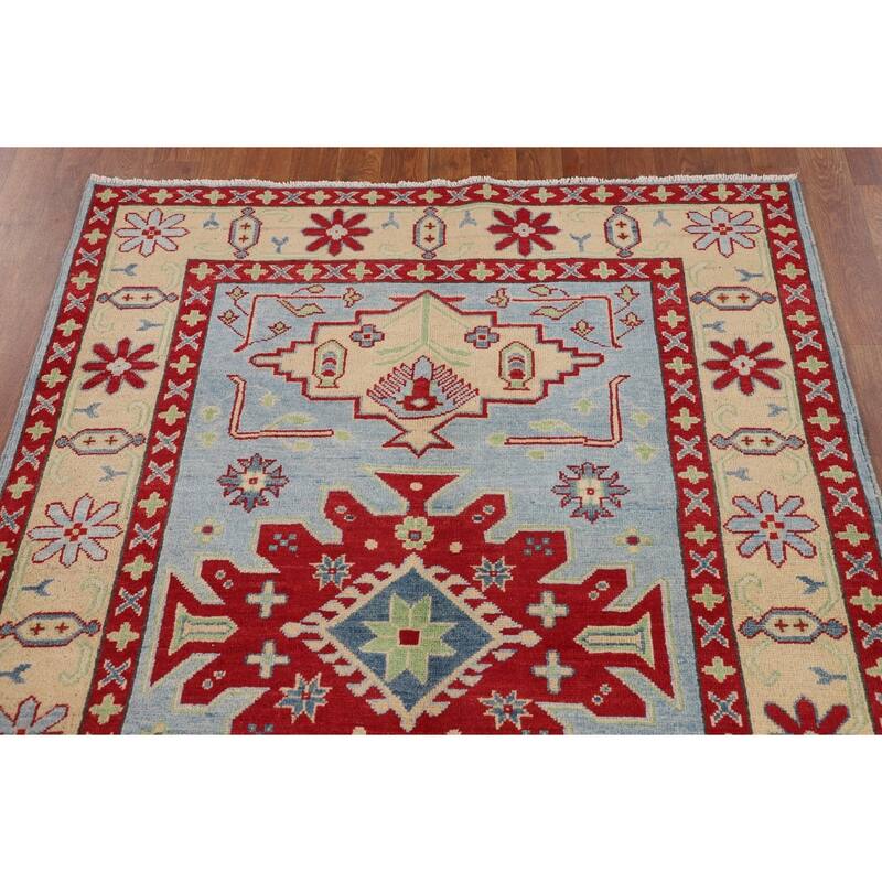 Light Blue Geometric Kazak Rug Hand-Knotted Bedroom Wool Carpet - 4'2" x 5'8"