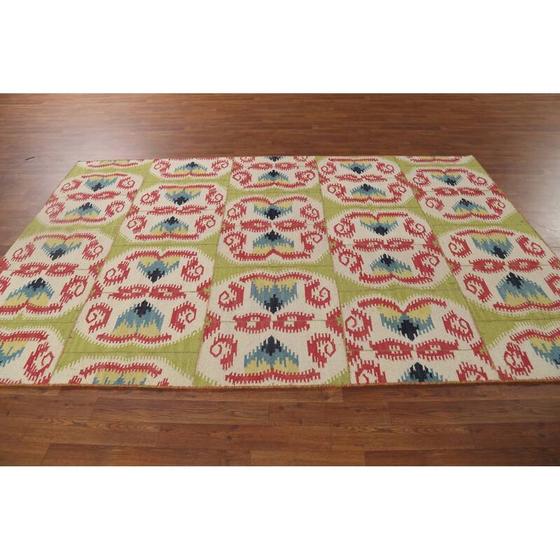 Green Kilim Oriental Area Rug Flatweave Wool Carpet - 5'8"x 8'11"