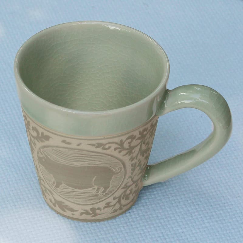 Handmade Thai Zodiac Pig Celadon ceramic mug (Thailand)