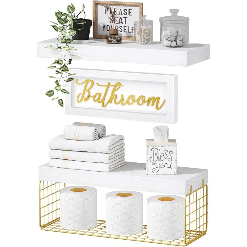 Toilet Bathroom Shelves - Paper Storage Wall Mount, Small Floating Shelves 2+1 Set - Gold