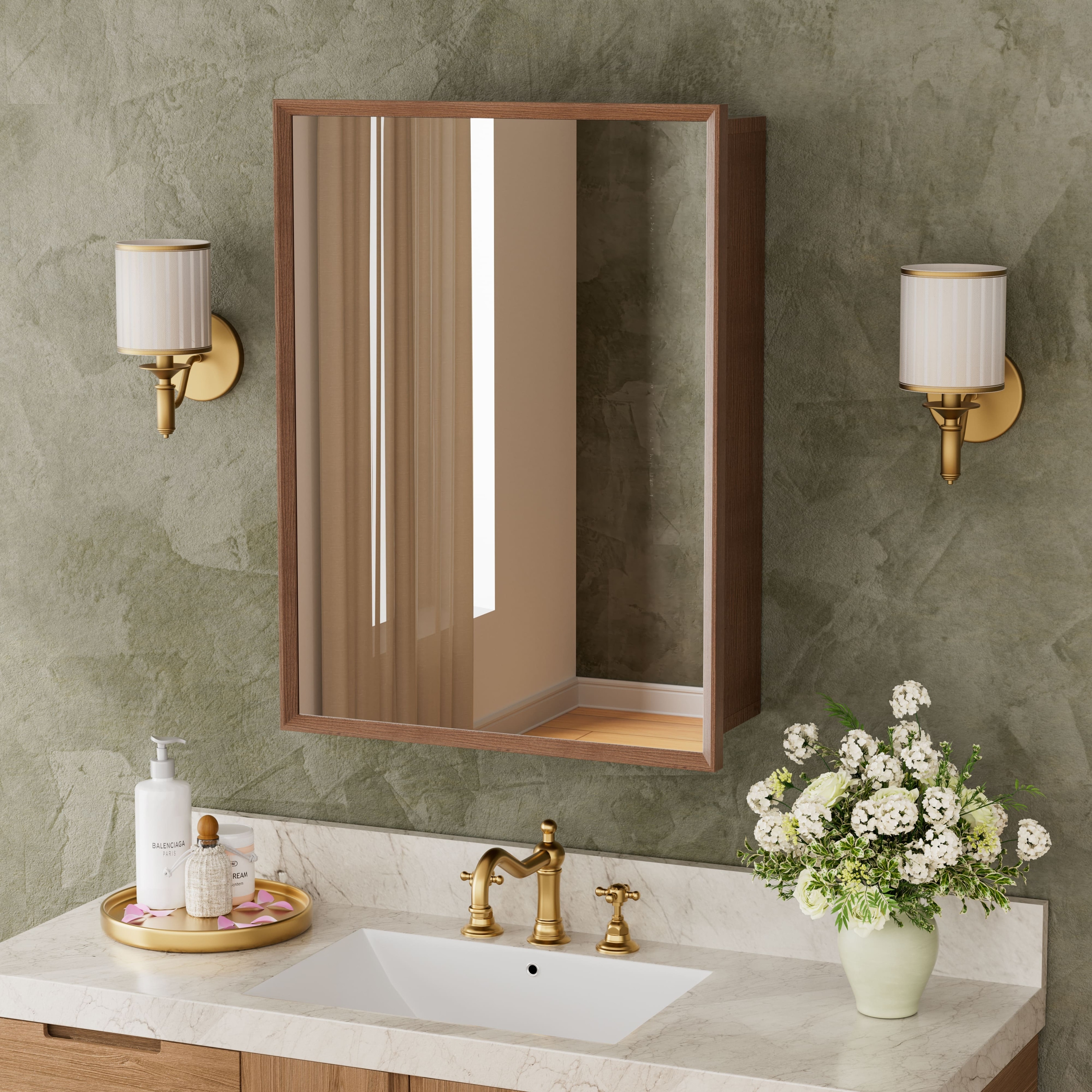 Reno Wood Medicine Cabinet with Mirror, Adjustable Shelves, Recessed/Wall Mount, Fully Assembled
